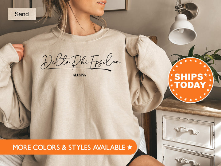 Delta Phi Epsilon Alumna Cursive Sorority Sweatshirt | DPHIE Alumni Sweatshirt | Sorority Alumna Crewneck | College Greek Apparel _ 7266g
