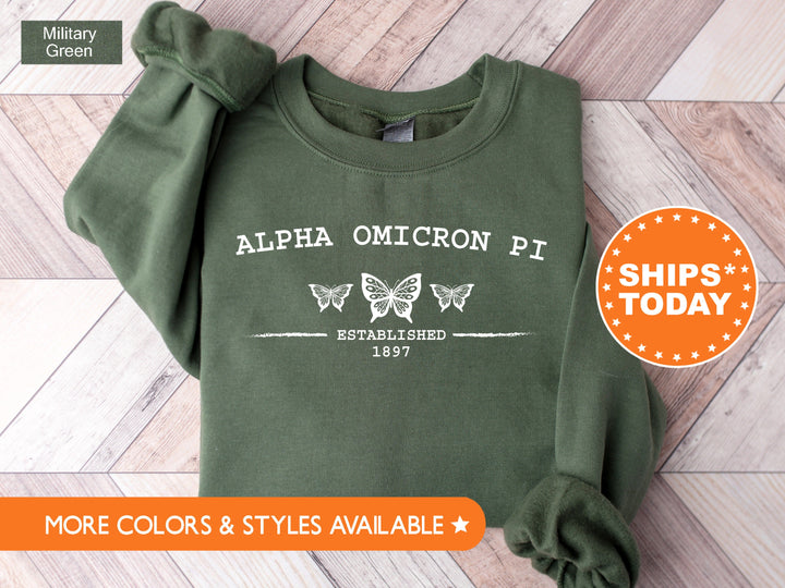 Alpha Omicron Pi Neutral Butterfly Sorority Sweatshirt | Alpha O Crewneck Sweatshirt | Greek Apparel | Big Little Reveal | College Apparel