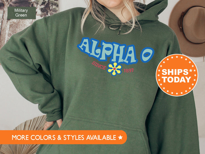 Alpha Omicron Pi Outlined In Blue Sorority Sweatshirt | Alpha O Hoodie | AOPi Sorority Letters | Floral Sweatshirt | Big Little Gift