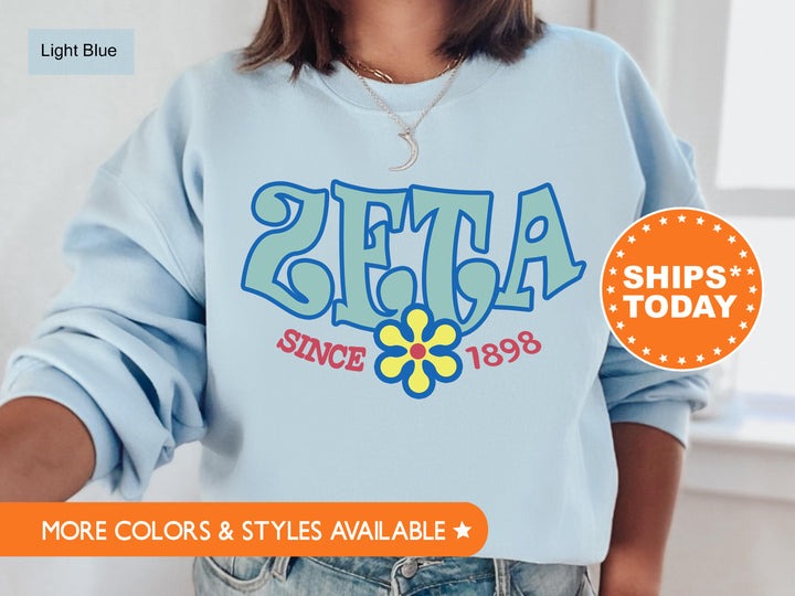 Zeta Tau Alpha Outlined In Blue Sorority Sweatshirt | Zeta Hoodie | Zeta Floral Sweatshirt | Sorority Gifts | Big Little Reveal