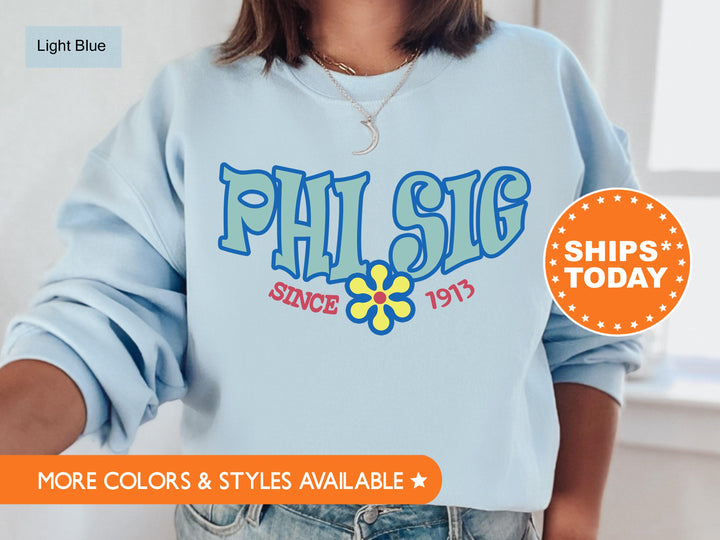 Phi Sigma Sigma Outlined In Blue Sorority Sweatshirt | Phi Sig Hoodie | Phi Sig Floral Sweatshirt | Big Little Gift | Sorority Merch