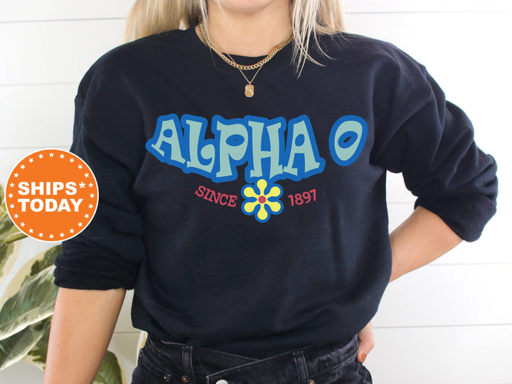 Alpha Omicron Pi Outlined In Blue Sorority Sweatshirt | Alpha O Hoodie | AOPi Sorority Letters | Floral Sweatshirt | Big Little Gift
