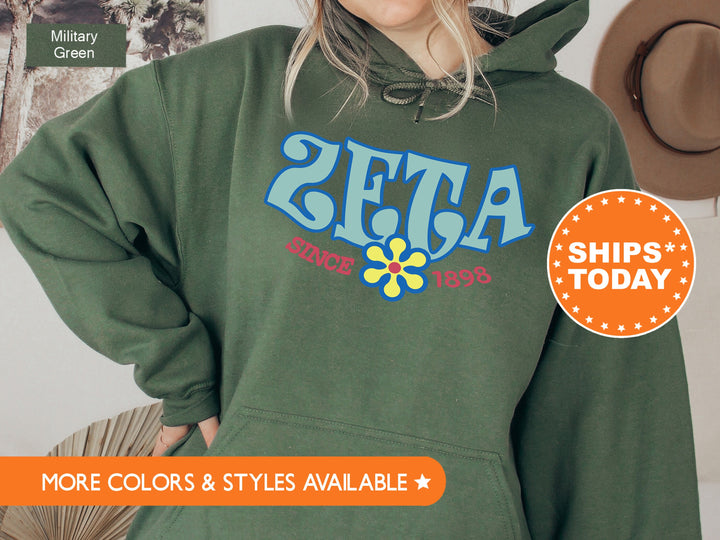 Zeta Tau Alpha Outlined In Blue Sorority Sweatshirt | Zeta Hoodie | Zeta Floral Sweatshirt | Sorority Gifts | Big Little Reveal