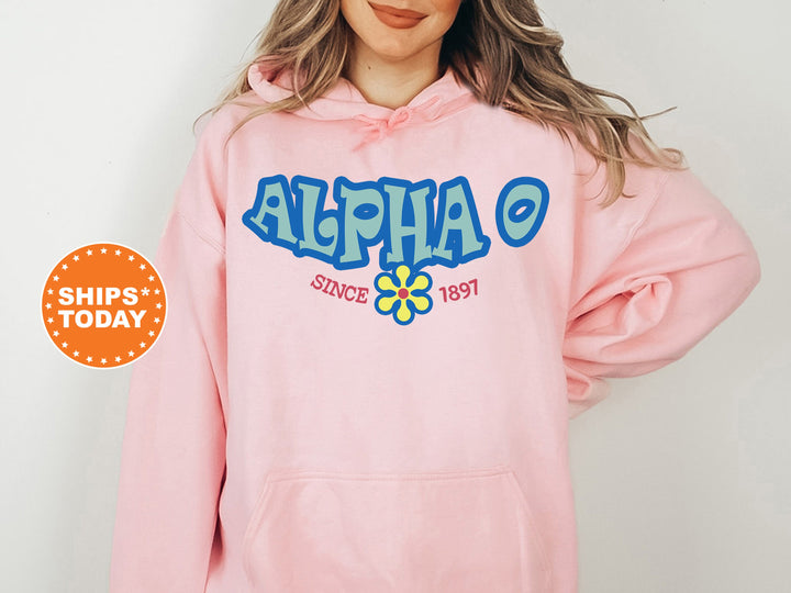 Alpha Omicron Pi Outlined In Blue Sorority Sweatshirt | Alpha O Hoodie | AOPi Sorority Letters | Floral Sweatshirt | Big Little Gift