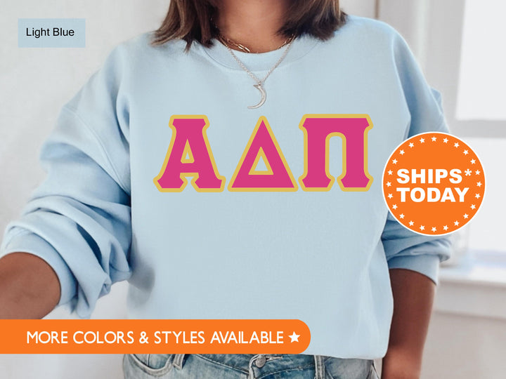 Alpha Delta Pi Pink and Gold Sorority Sweatshirt | Alpha Delta Pi Sweatshirt | ADPi Greek Letters | Alpha Delta Pi Merch