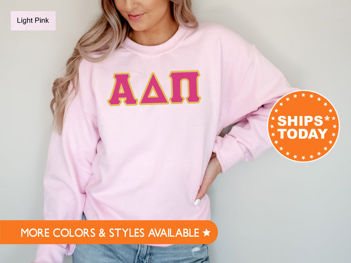 Alpha Delta Pi Pink and Gold Sorority Sweatshirt | Alpha Delta Pi Sweatshirt | ADPi Greek Letters | Alpha Delta Pi Merch