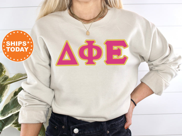 Delta Phi Epsilon Pink and Gold Sorority Sweatshirt | Delta Phi Epsilon Sweatshirt | DPHIE Greek Letters | DPHIE Merch | Big Little