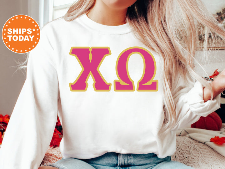 Chi Omega Pink and Gold Sorority Sweatshirt | Chi Omega Sweatshirt | XO Greek Letters | Chi Omega Hoodie | Chi O Big Little Reveal