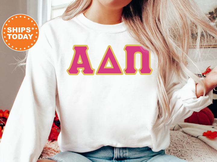 Alpha Delta Pi Pink and Gold Sorority Sweatshirt | Alpha Delta Pi Sweatshirt | ADPi Greek Letters | Alpha Delta Pi Merch