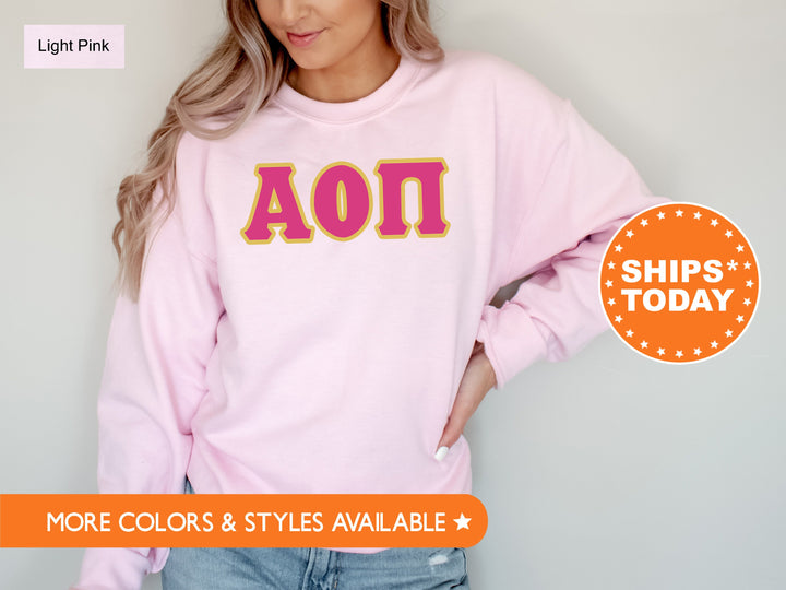 Alpha Omicron Pi Pink and Gold Sorority Sweatshirt | Alpha Omicron Pi  Sweatshirt | Alpha O Merch | AOPi Greek Letters | Big Little