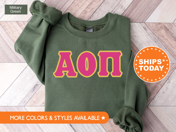 Alpha Omicron Pi Pink and Gold Sorority Sweatshirt | Alpha Omicron Pi  Sweatshirt | Alpha O Merch | AOPi Greek Letters | Big Little
