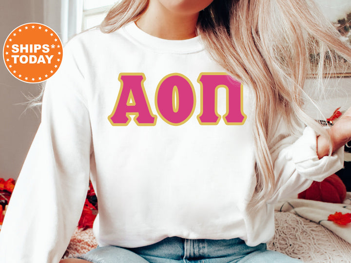 Alpha Omicron Pi Pink and Gold Sorority Sweatshirt | Alpha Omicron Pi  Sweatshirt | Alpha O Merch | AOPi Greek Letters | Big Little