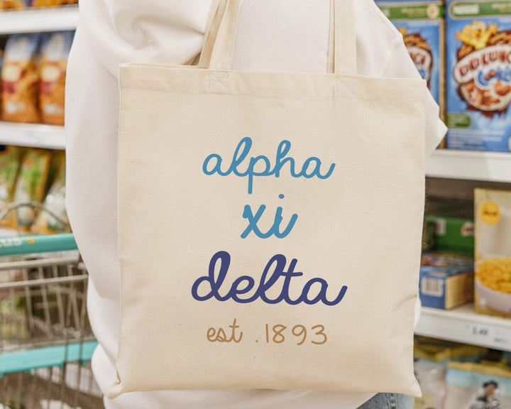 Alpha Xi Delta The Blues Sorority Tote Bag | AXID College Sorority Bag | Alpha Xi Tote Bag | Sorority Gifts | Trendy  Beach Bag _ 15113g