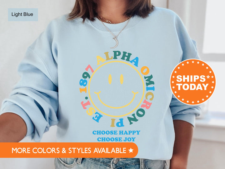 Alpha Omicron Pi Choose Happy Sorority Sweatshirt | Alpha Omicron Pi Sweatshirt | Alpha O Merch | Sorority Hoodie | Big Little Gift _ 7466g