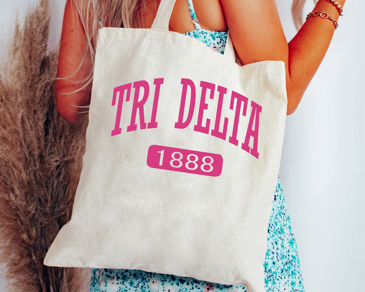 Delta Delta Delta Pink Baseball Sorority Tote Bag | Tri Delta Sorority Chapter Bag | Sorority Merch | Big Little Gifts | Beach Bag _ 15323g