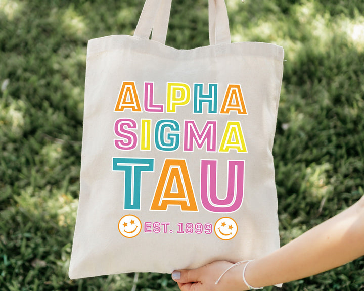 Alpha Sigma Tau Frisky Script Sorority Tote Bag | Sorority Beach Bag | Alpha Sigma Tau Tote Bag | Big Little Gift | Sorority Gifts _ 15190g