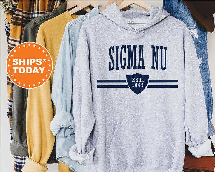 Sigma Nu Striped Shield Fraternity Sweatshirt | Sigma Nu Hoodie | Greek Apparel | Fraternity Initiation | Fraternity Bid Day Gift _ 5915g