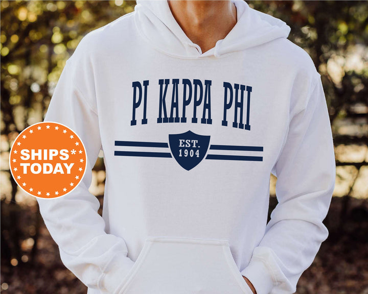 Pi Kappa Phi Striped Shield Fraternity Sweatshirt | Pi Kapp Fraternity Hoodie | Greek Apparel | Vintage Sweatshirt | Fraternity Gift _ 5911g