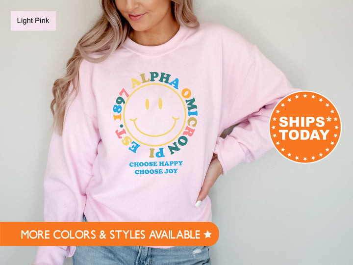 Alpha Omicron Pi Choose Happy Sorority Sweatshirt | Alpha Omicron Pi Sweatshirt | Alpha O Merch | Sorority Hoodie | Big Little Gift _ 7466g