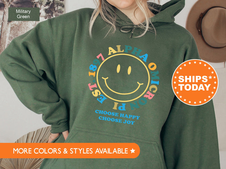 Alpha Omicron Pi Choose Happy Sorority Sweatshirt | Alpha Omicron Pi Sweatshirt | Alpha O Merch | Sorority Hoodie | Big Little Gift _ 7466g