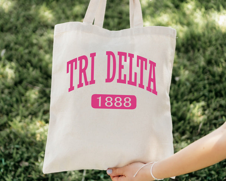 Delta Delta Delta Pink Baseball Sorority Tote Bag | Tri Delta Sorority Chapter Bag | Sorority Merch | Big Little Gifts | Beach Bag _ 15323g