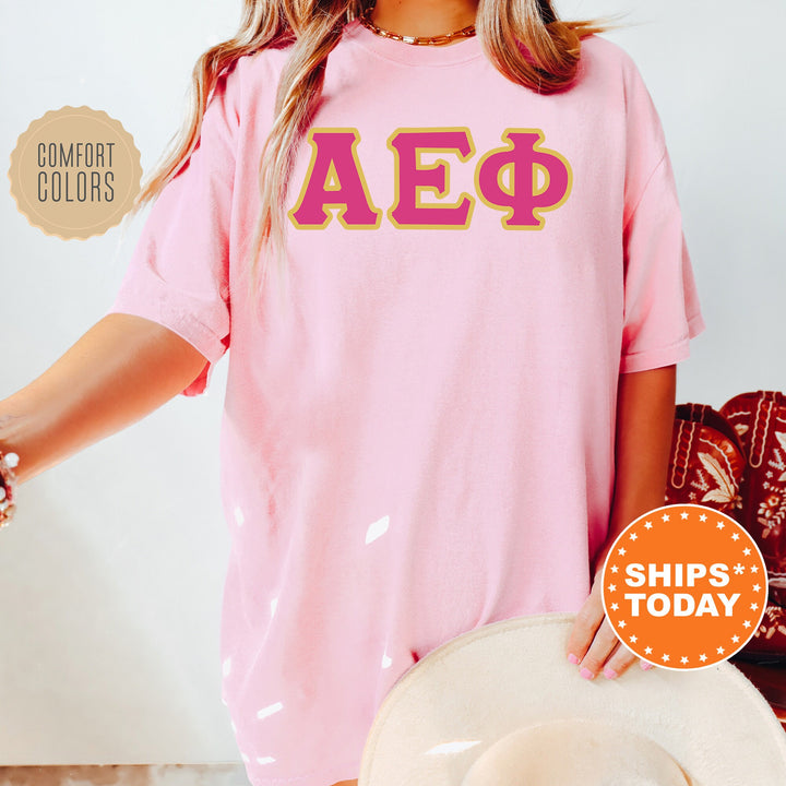 Alpha Epsilon Phi Pink And Gold Comfort Colors Sorority T-Shirt | AEPHI Oversized Shirt | Greek Letters Shirt | College Apparel _ 5262g