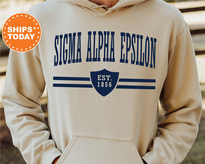 Sigma Alpha Epsilon Striped Shield Fraternity Sweatshirt | SAE Sweatshirt | Greek Life Apparel | Fraternity Hoodie | Gifts For Him _ 5912g