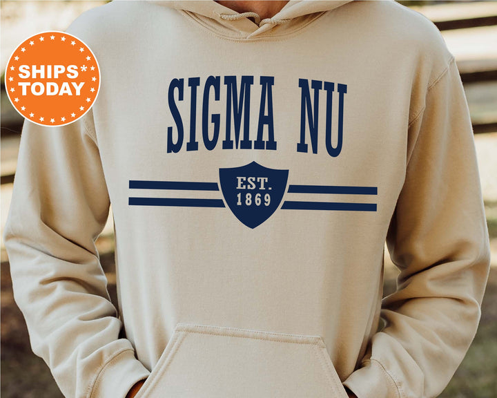 Sigma Nu Striped Shield Fraternity Sweatshirt | Sigma Nu Hoodie | Greek Apparel | Fraternity Initiation | Fraternity Bid Day Gift _ 5915g