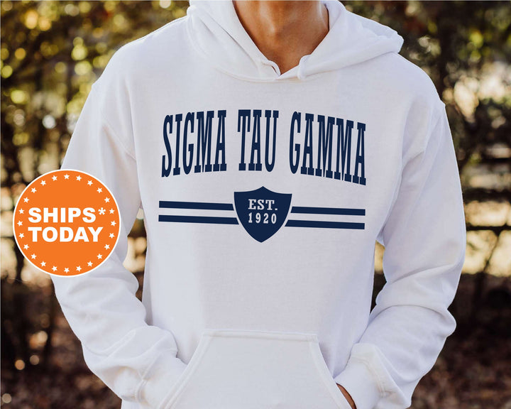 Sigma Tau Gamma Striped Shield Fraternity Sweatshirt | Sig Tau Hoodie | Sig Tau Initiation | Fraternity Letters | Vintage Sweatshirt _ 5918g