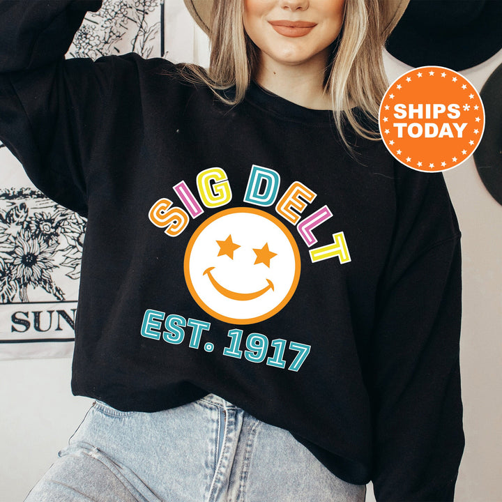 Sigma Delta Tau Cheerful Sorority Sweatshirt | Sig Delt Sorority Merch | Big Little Gift | Greek Sweatshirt | Custom Greek Apparel _ 16868g