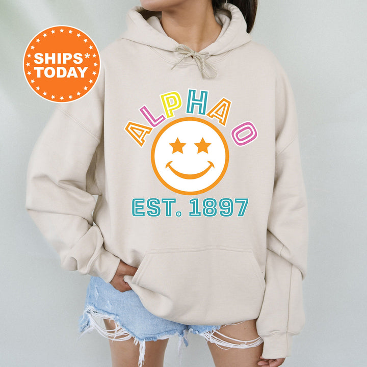 Alpha Omicron Pi Cheerful Sorority Sweatshirt | Alpha O Sorority Merch | Big Little Gift | Greek Sweatshirt | Custom Greek Apparel _ 16851g