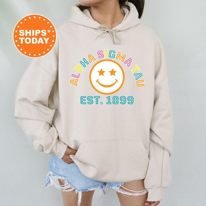 Alpha Sigma Tau Cheerful Sorority Sweatshirt | Sorority Merch | Big Little Reveal Gift | Greek Sweatshirt | Custom Greek Apparel _ 16854g