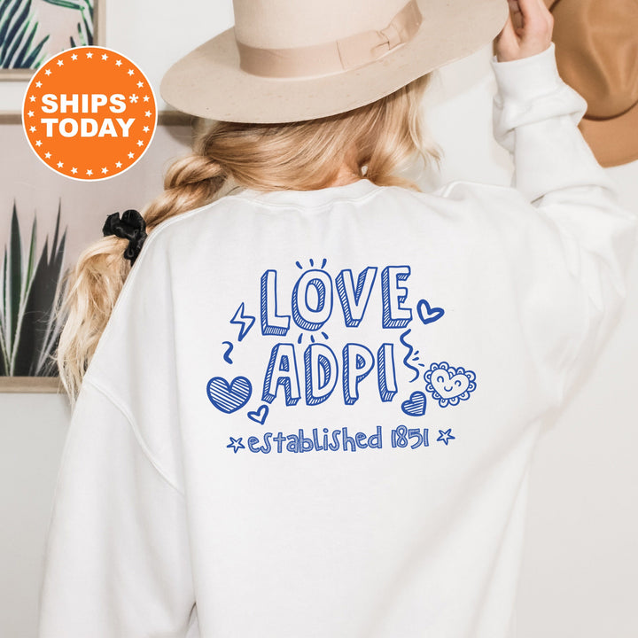 Alpha Delta Pi Drawscape Sorority Sweatshirt | ADPI Doodle Font Sorority Crewneck | Big Little Reveal Gifts | Trendy Sorority Hoodie 16433g