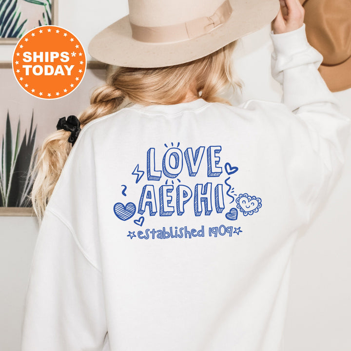 Alpha Epsilon Phi Drawscape Sorority Sweatshirt | AEPHI Doodle Font Sorority Crewneck | Big Little Reveal Gift | Trendy Sorority Hoodie