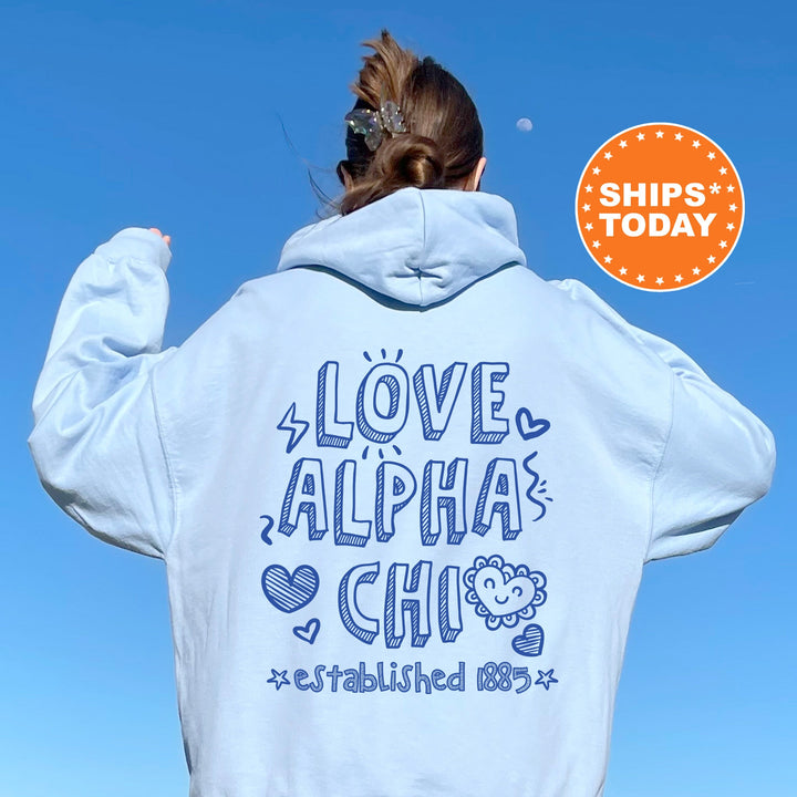 Alpha Chi Omega Drawscape Sorority Sweatshirt | Alpha Chi Doodle Font Sorority Crewneck | Big Little Reveal | AXO Trendy Sorority Hoodie