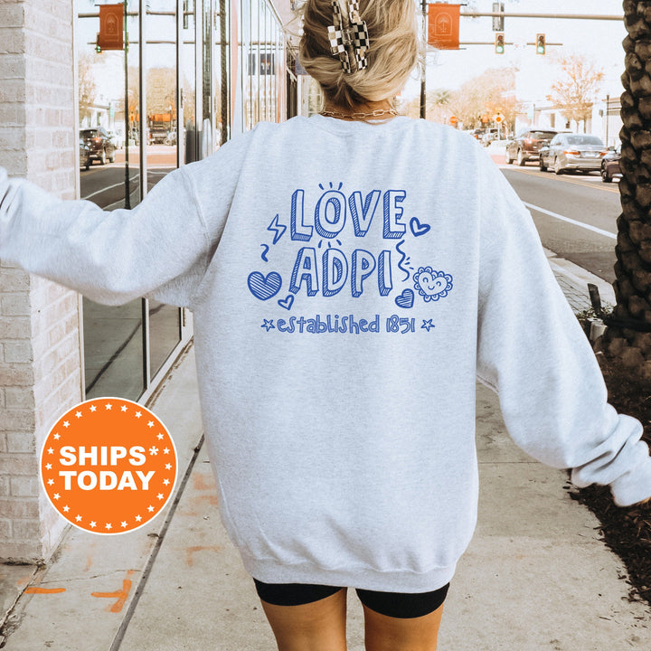 Alpha Delta Pi Drawscape Sorority Sweatshirt | ADPI Doodle Font Sorority Crewneck | Big Little Reveal Gifts | Trendy Sorority Hoodie 16433g