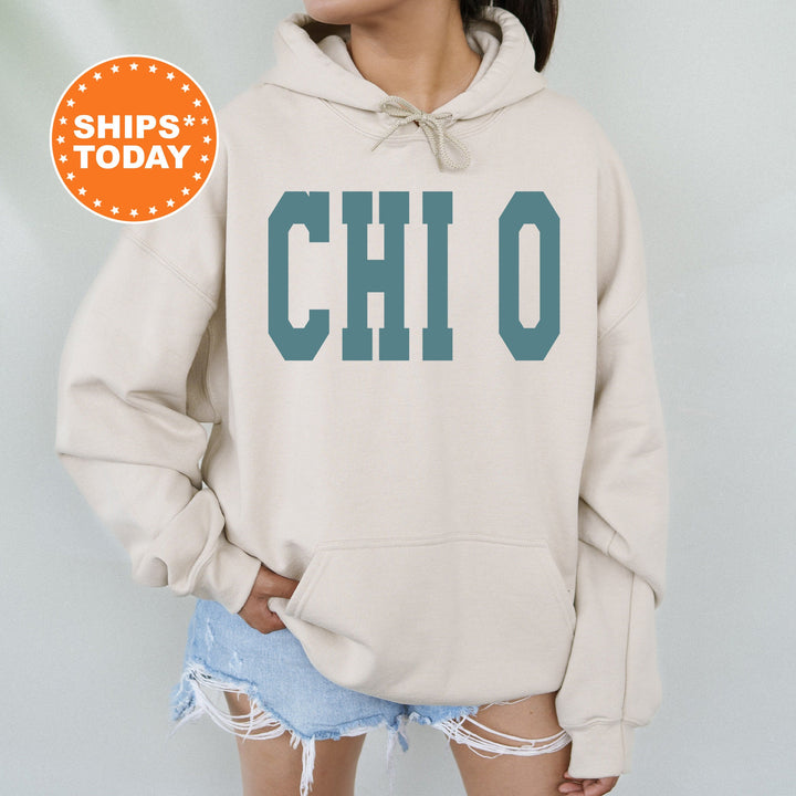 Chi Omega Bold Aqua Sorority Sweatshirt | Chi O Sorority Letters Crewneck | Sorority Merch | Big Little Reveal Gifts | Bid Day Basket