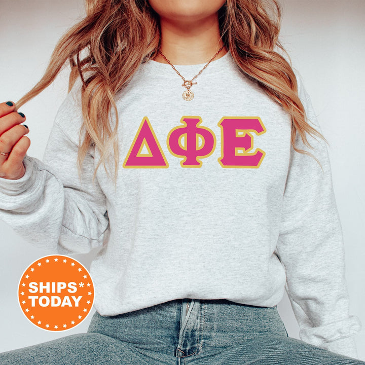 Delta Phi Epsilon Pink and Gold Sorority Sweatshirt | Delta Phi Epsilon Sweatshirt | DPHIE Greek Letters | DPHIE Merch | Big Little