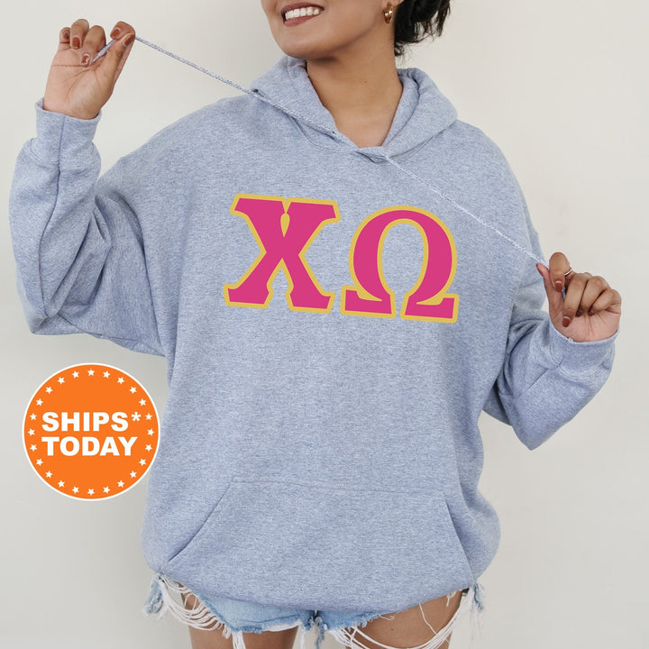 Chi Omega Pink and Gold Sorority Sweatshirt | Chi Omega Sweatshirt | XO Greek Letters | Chi Omega Hoodie | Chi O Big Little Reveal