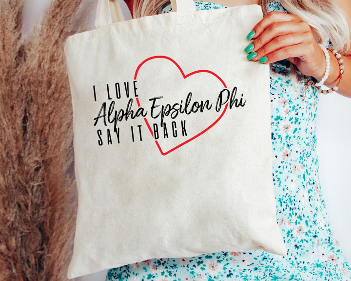 Alpha Epsilon Phi Say It Back Sorority Tote Bag | AEPhi Beach Bag | Sorority Merch | Big Little Sorority Bag | Canvas Tote Bag _ 15003g