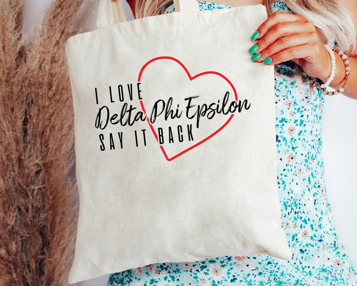 Delta Phi Epsilon Say It Back Sorority Tote Bag | DPHIE Beach Bag | Sorority Merch | Big Little Sorority Bag | Canvas Tote Bag _ 15013g