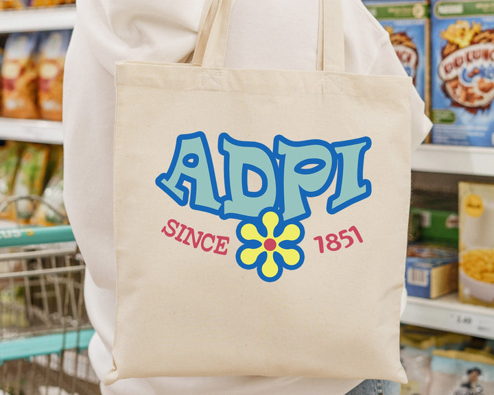 Alpha Delta Pi Outlined In Blue Sorority Tote Bag | ADPI Beach Bag | ADPI College Sorority Laptop Bag | Canvas Tote Bag _ 15340g