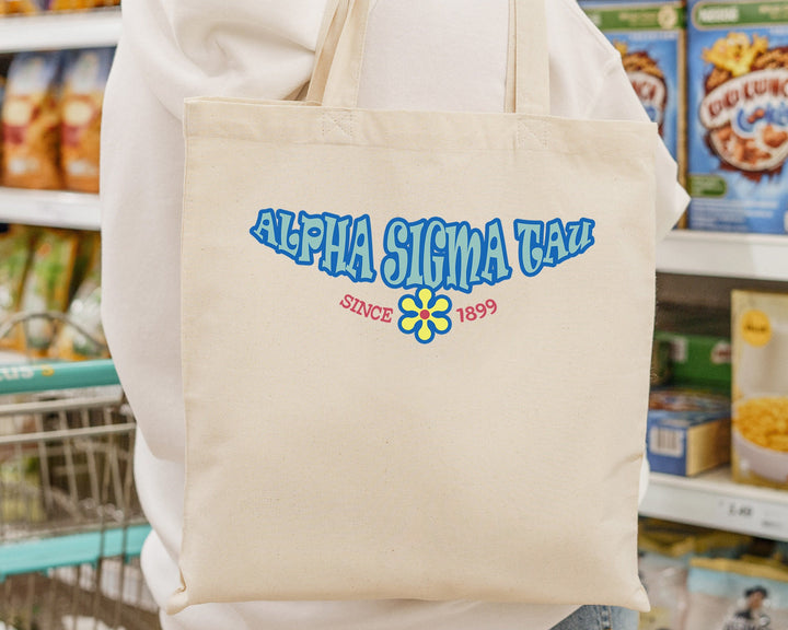 Alpha Sigma Tau Outlined In Blue Sorority Tote Bag | Alpha Sigma Tau Beach Bag | College Sorority Laptop Bag | Canvas Tote Bag _ 15346g