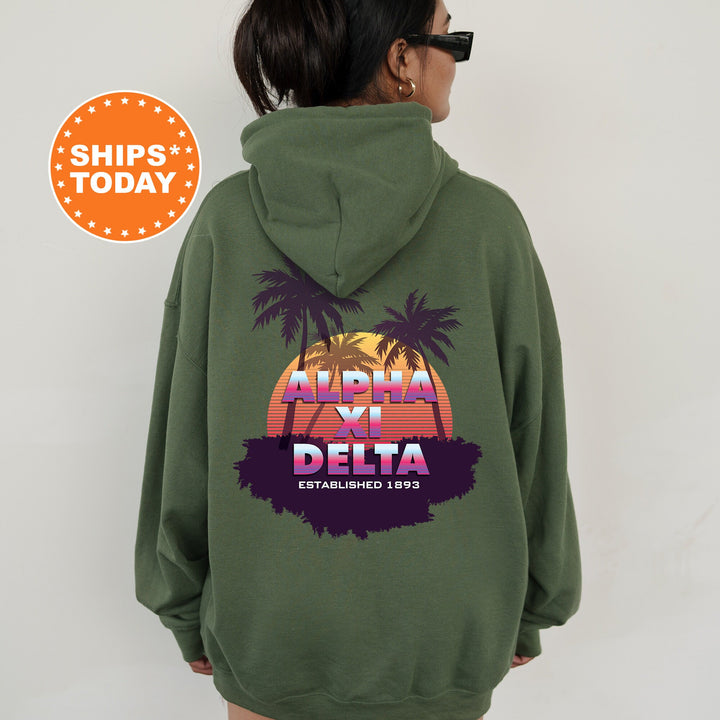 Alpha Xi Delta Palmscape Sorority Sweatshirt | AXID Beach Hoodies | Sorority Apparel | Big Little Reveal Gift | Greek Sweatshirt _  14182g