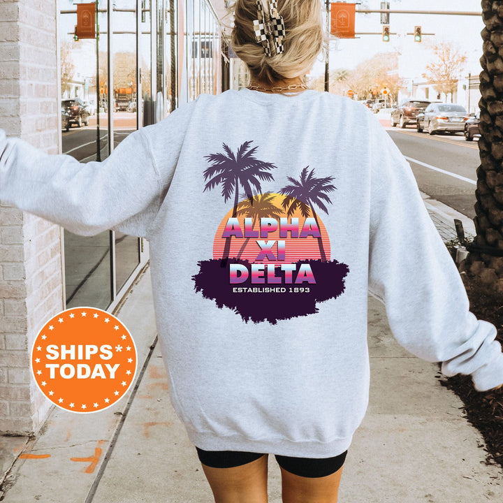 Alpha Xi Delta Palmscape Sorority Sweatshirt | AXID Beach Hoodies | Sorority Apparel | Big Little Reveal Gift | Greek Sweatshirt _  14182g