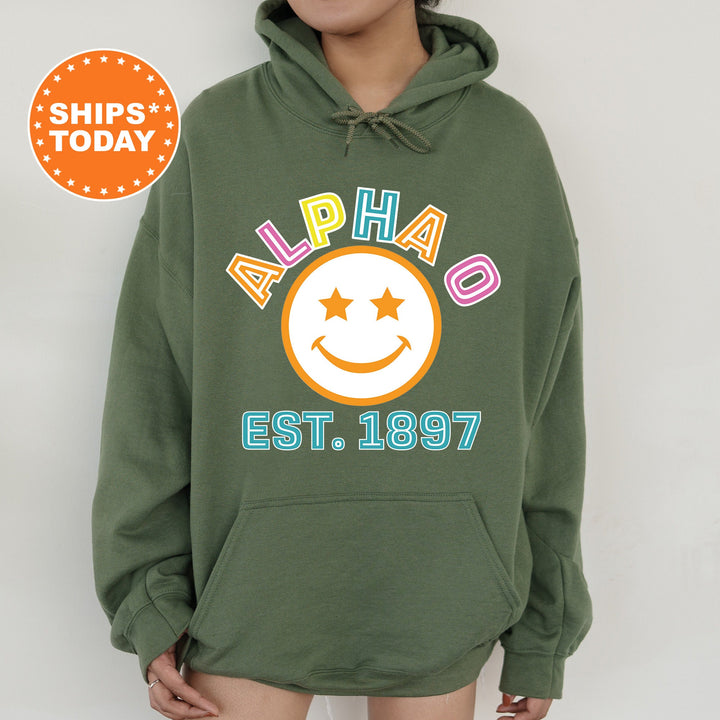 Alpha Omicron Pi Cheerful Sorority Sweatshirt | Alpha O Sorority Merch | Big Little Gift | Greek Sweatshirt | Custom Greek Apparel _ 16851g