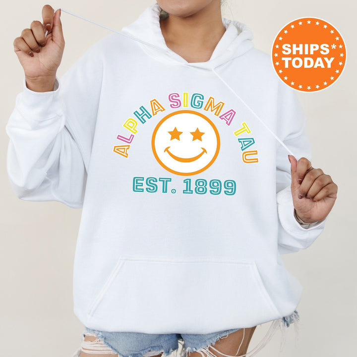 Alpha Sigma Tau Cheerful Sorority Sweatshirt | Sorority Merch | Big Little Reveal Gift | Greek Sweatshirt | Custom Greek Apparel _ 16854g
