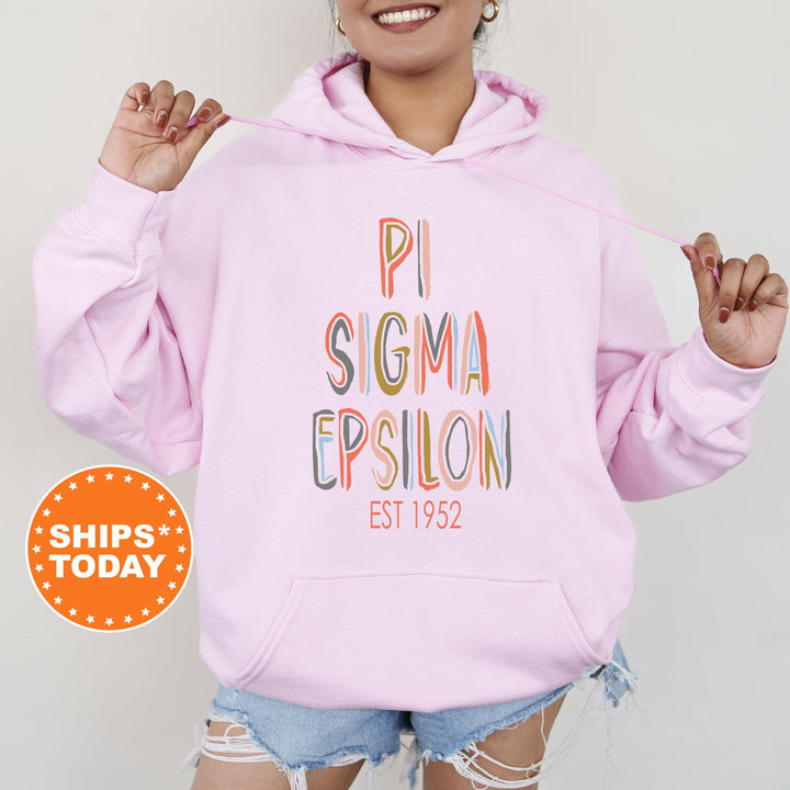 Pi Sigma Epsilon Pastel Stencil Coed Sweatshirt | Pi Sigma Epsilon Sweatshirt | Coed Fraternity Hoodie | PSE Society Greek Apparel _ 8843g