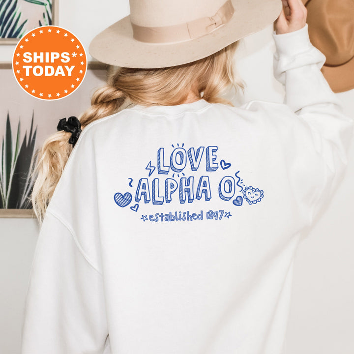 Alpha Omicron Pi Drawscape Sorority Sweatshirt | Alpha O Doodle Font Sorority Crewneck | Big Little Reveal | AOII Trendy Sorority Hoodie