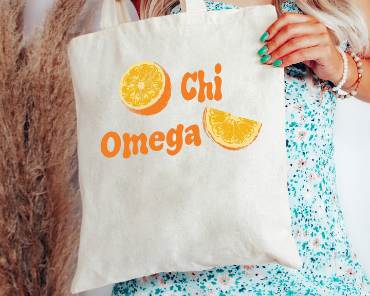 Chi Omega Oranges Sorority Tote Bag | Chi O Canvas Tote Bag | Chi Omega Sorority Merch | Big Little Reveal Gift | College Beach Bag _ 16233g